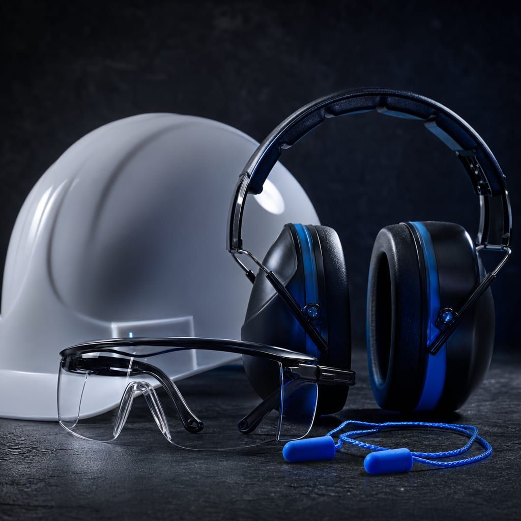 Casque de chantier, lunettes de protection et casque antibruit